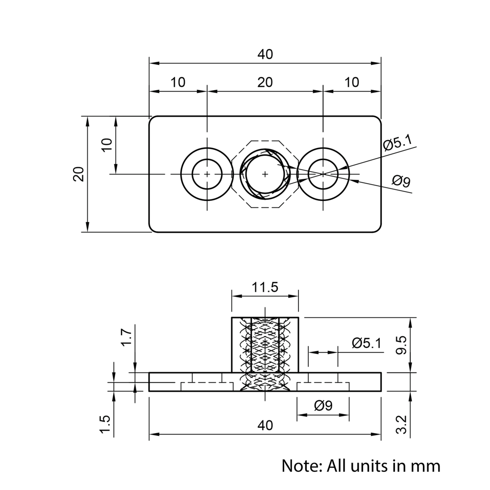 Technical Drawing Of Lead Screw Square Flanged Nut - Tr8*8-2P (4 Start) - POM