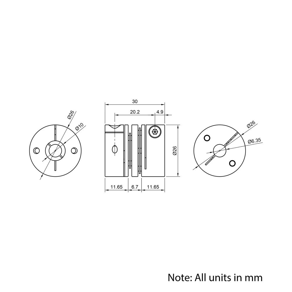 Technical Drawing Of Disc Flexible Shaft Coupling - 1/4 - 10mm