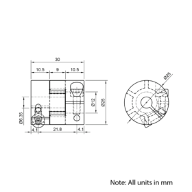 Technical Drawing Of Curved Jaw Flexible Shaft Coupling - 1/4 - 12mm