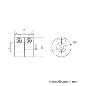 Technical Drawing Of Rigid Shaft Coupling - 1/4 - 12mm