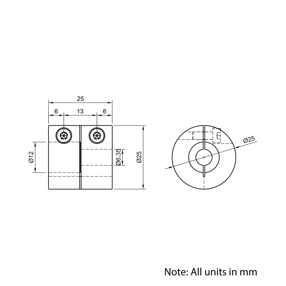 Technical Drawing Of Rigid Shaft Coupling - 1/4 - 12mm