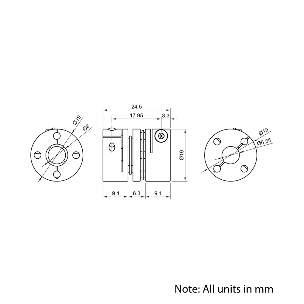 Technical Drawing Of Disc Flexible Shaft Coupling - 1/4 - 8mm