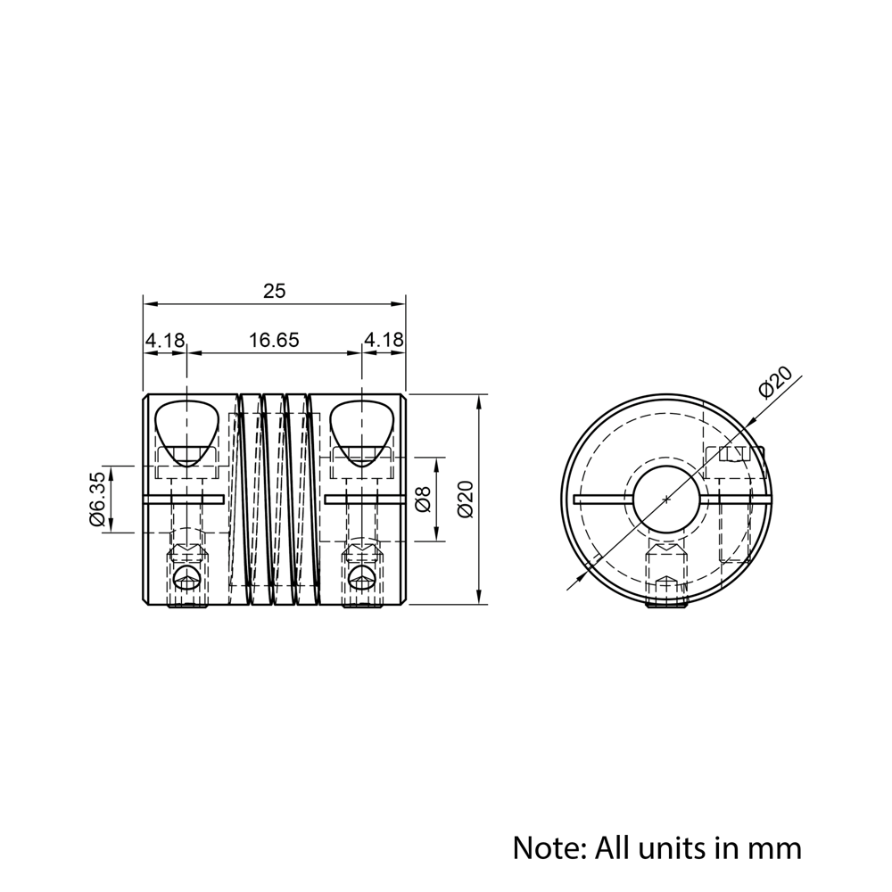 Technical Drawing Of Helical Beam Flexible Shaft Coupling - 1/4 - 8mm