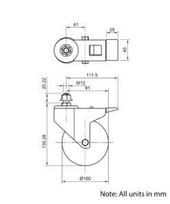 Technical Drawing Of Castor - Stud - Swivel - 100mm - Brake