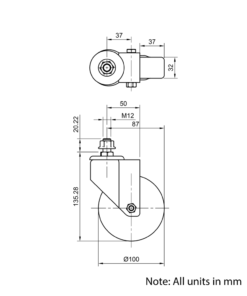 Technical Drawing Of Castor - Stud - Swivel - 100mm