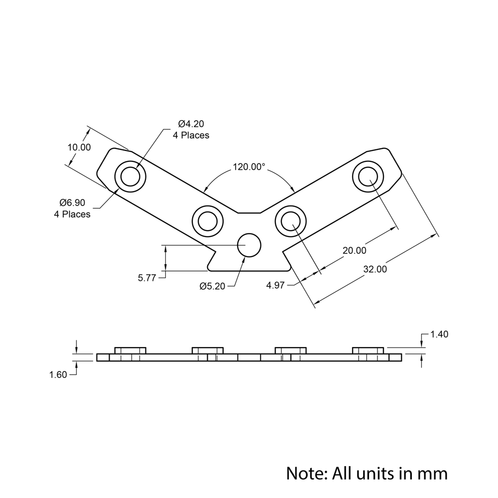 Technical Drawing Of Inner Link Connector - Angle - 120 Degree - With Fixings