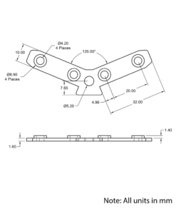 Technical Drawing Of Inner Link Connector - Angle - 135 Degree - With Fixings