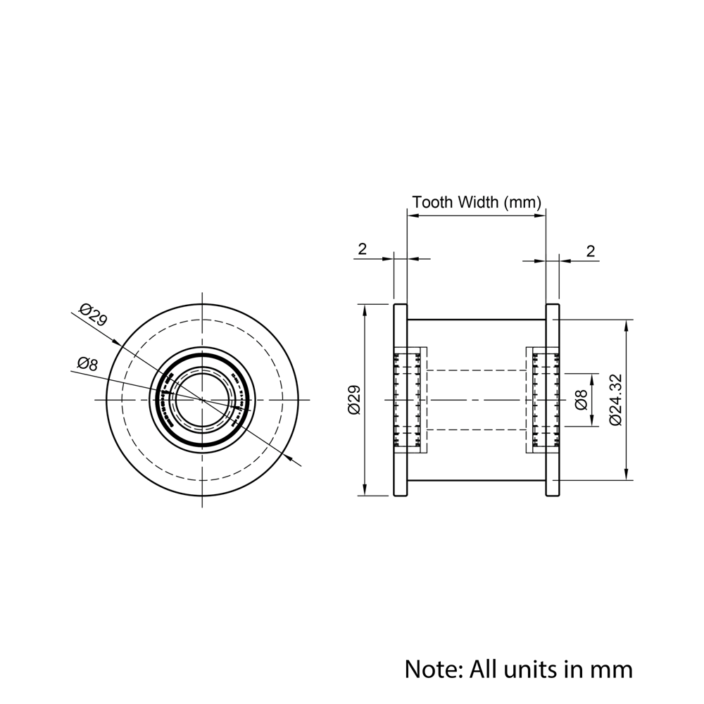 Technical Drawing Of Timing Belt Smooth Idler - HTD - 5M - 16 Teeth - 20mm Belt - 8mm Bore