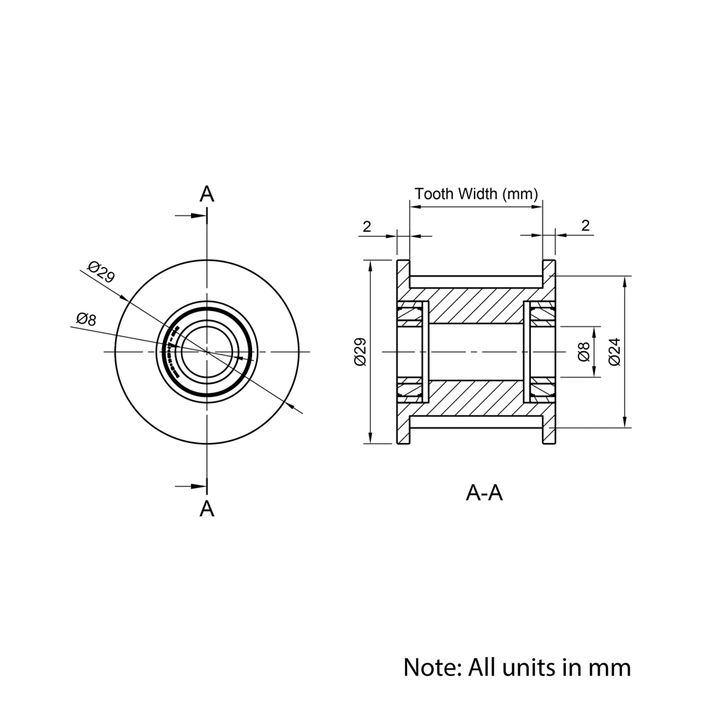 Technical Drawing Of Timing Belt Toothed Idler - HTD - 5M - 16 Teeth - 25mm Belt - 8mm Bore
