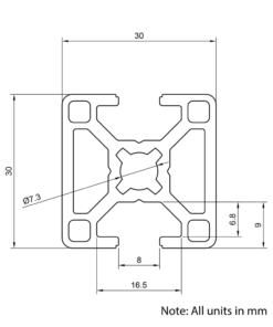 Technical Drawing Of Aluminium Extrusion Profile - T-Slot - 30x30mm - 2 Slot - Silver - Cut to Size