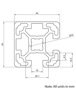 Technical Drawing Of Aluminium Extrusion Profile - T-Slot - 40x40mm - 2 Slot Corner - Silver - Cut to Size