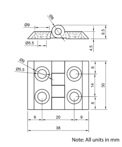 Technical Drawing Of Aluminium Hinge - 20 Series - Silver