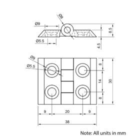 Technical Drawing Of Aluminium Hinge - 20 Series - Silver