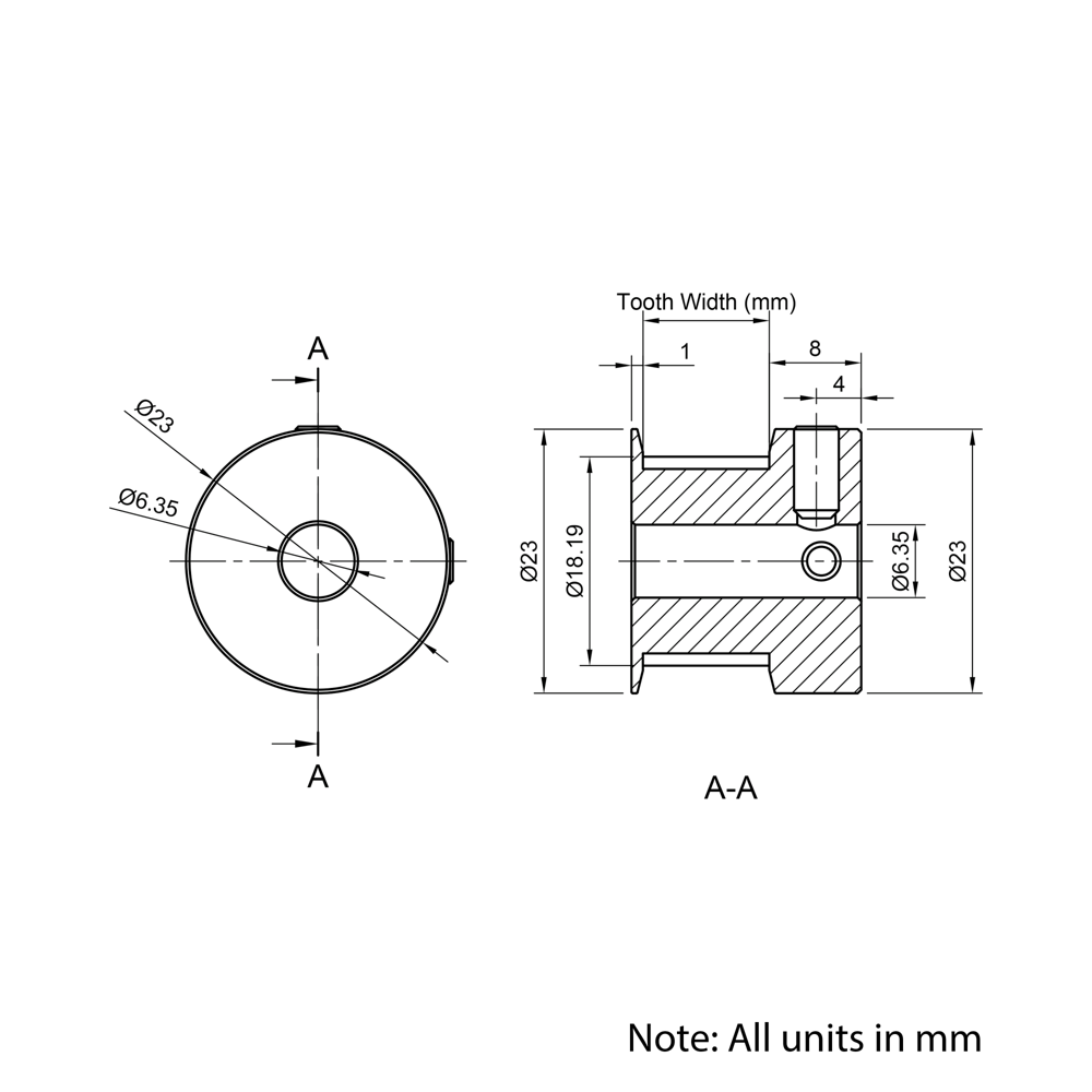 Technical Drawing Of Timing Belt Pulley - GT - 3MR - 20 Teeth - 10mm Belt - 1/4 Bore