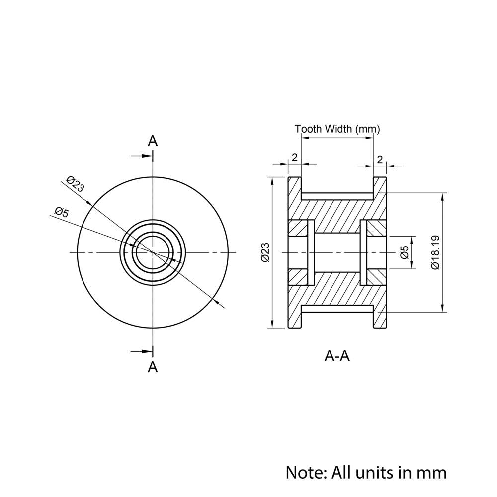 Technical Drawing Of Timing Belt Toothed Idler - GT - 3MR - 20 Teeth - 15mm Belt - 5mm Bore