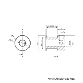 Technical Drawing Of Timing Belt Pulley - GT - 2MR - 20 Teeth - 6mm Belt - 1/4 Bore