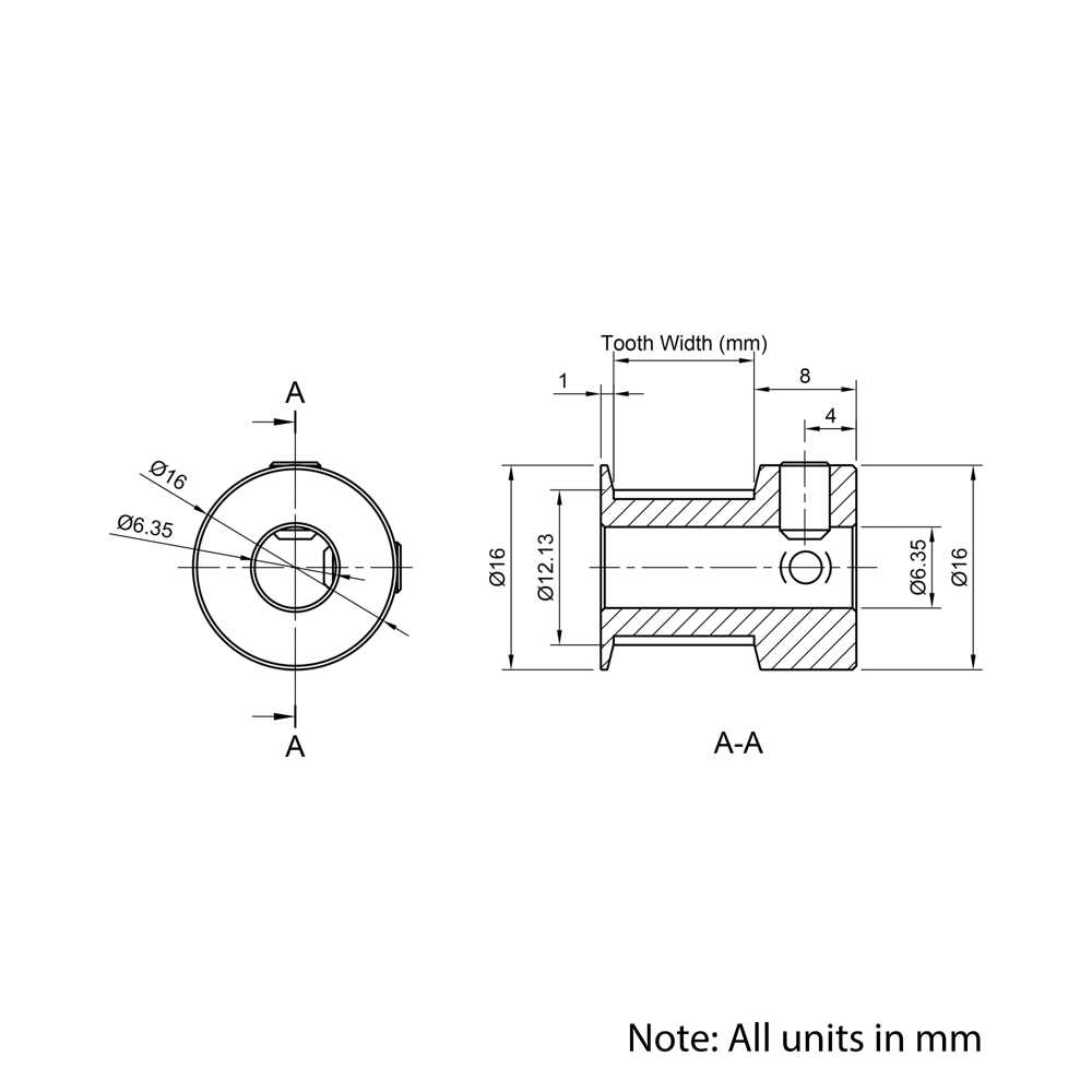 Technical Drawing Of Timing Belt Pulley - GT - 2MR - 20 Teeth - 6mm Belt - 1/4 Bore