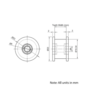 Technical Drawing Of Timing Belt Smooth Idler - GT - 3MR - 20 Teeth - 6mm Belt - 5mm Bore
