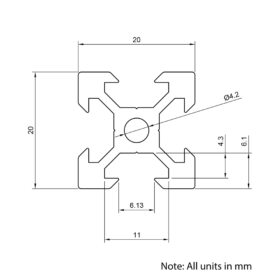 Technical Drawing Of Aluminium Extrusion Profile - T/V-Slot - 20 Series - 20x20mm - Silver - Cut to Size