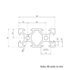 Technical Drawing Of Aluminium Extrusion Profile - T/V-Slot - 20 Series - 20x40mm - Silver - Cut to Size