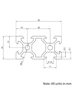 Technical Drawing Of Aluminium Extrusion Profile - T/V-Slot - 20 Series - 20x40mm - Silver - Cut to Size