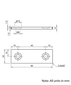 Technical Drawing Of Aluminium End Cap - 20 Series - 20x60 - With Fixings