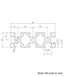 Technical Drawing Of Aluminium Extrusion Profile - T/V-Slot - 20 Series - 20x60mm - Silver - Cut to Size
