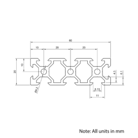 Technical Drawing Of Aluminium Extrusion Profile - T/V-Slot - 20 Series - 20x60mm - Silver - Cut to Size