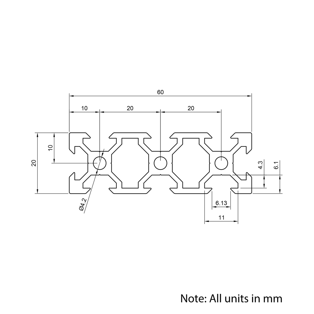 Technical Drawing Of Aluminium Extrusion Profile - T/V-Slot - 20 Series - 20x60mm - Silver - Cut to Size
