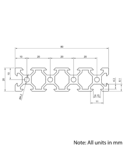 Technical Drawing Of Aluminium Extrusion Profile - T/V-Slot - 20 Series - 20x80mm - Silver - Cut to Size