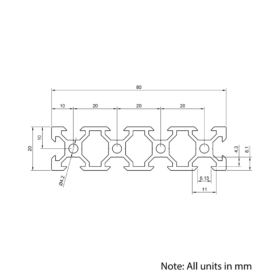 Technical Drawing Of Aluminium Extrusion Profile - T/V-Slot - 20 Series - 20x80mm - Silver - Cut to Size