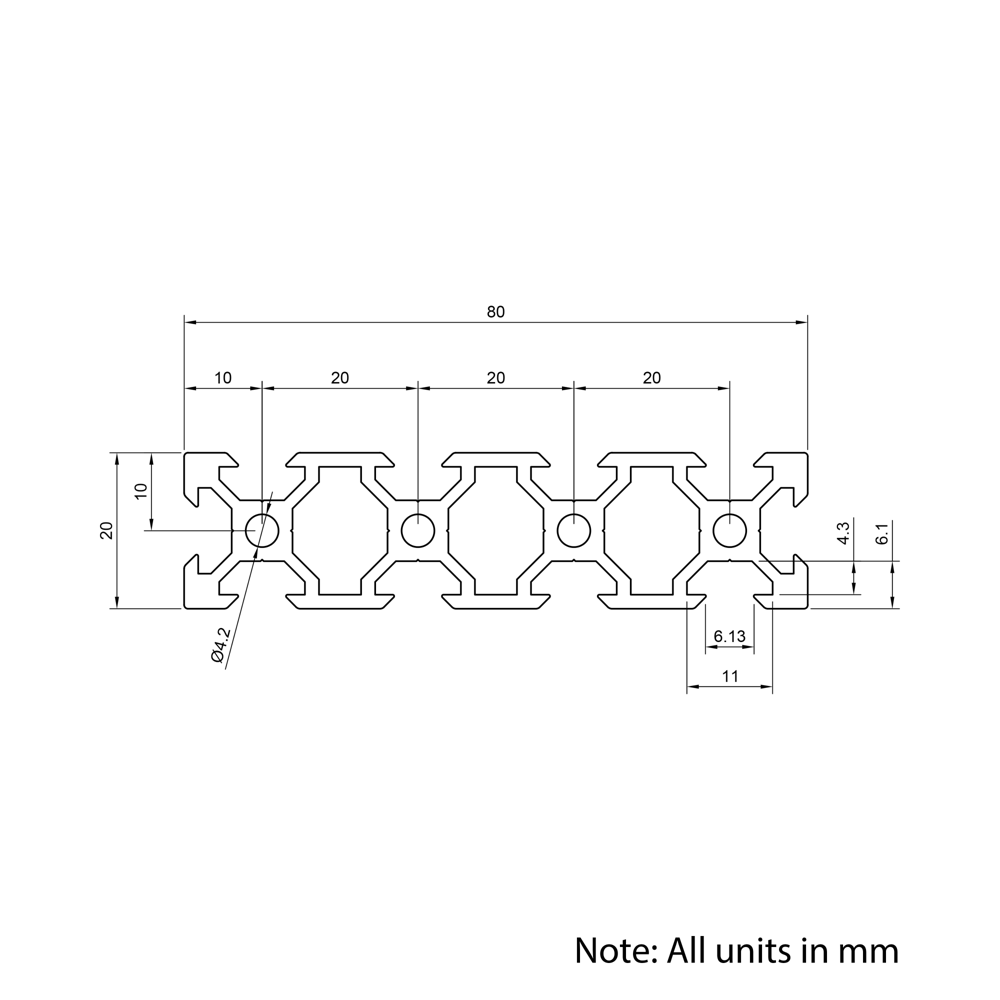 Technical Drawing Of Aluminium Extrusion Profile - T/V-Slot - 20 Series - 20x80mm - Silver - Cut to Size