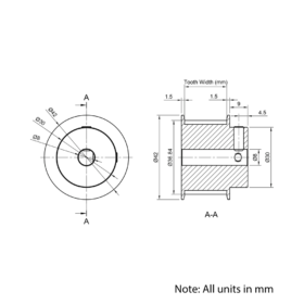 Technical Drawing Of Timing Belt Pulley - HTD - 5M - 24 Teeth - 15mm Belt - 8mm Bore