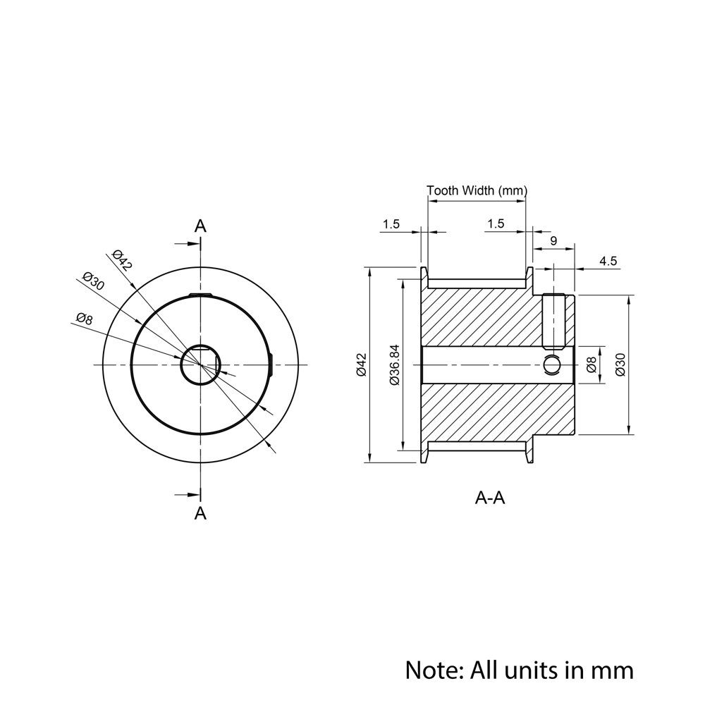 Technical Drawing Of Timing Belt Pulley - HTD - 5M - 24 Teeth - 15mm Belt - 8mm Bore