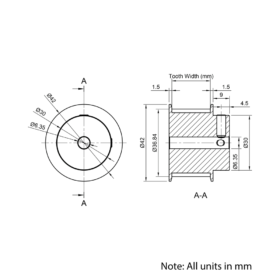 Technical Drawing Of Timing Belt Pulley - HTD - 5M - 24 Teeth - 20mm Belt - 1/4 Bore
