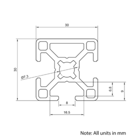 Technical Drawing Of Aluminium Extrusion Profile - T-Slot - 30x30mm - 3 Slot - Silver - Cut to Size