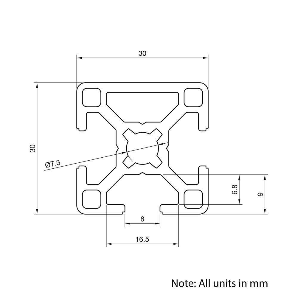 Technical Drawing Of Aluminium Extrusion Profile - T-Slot - 30x30mm - 3 Slot - Silver - Cut to Size