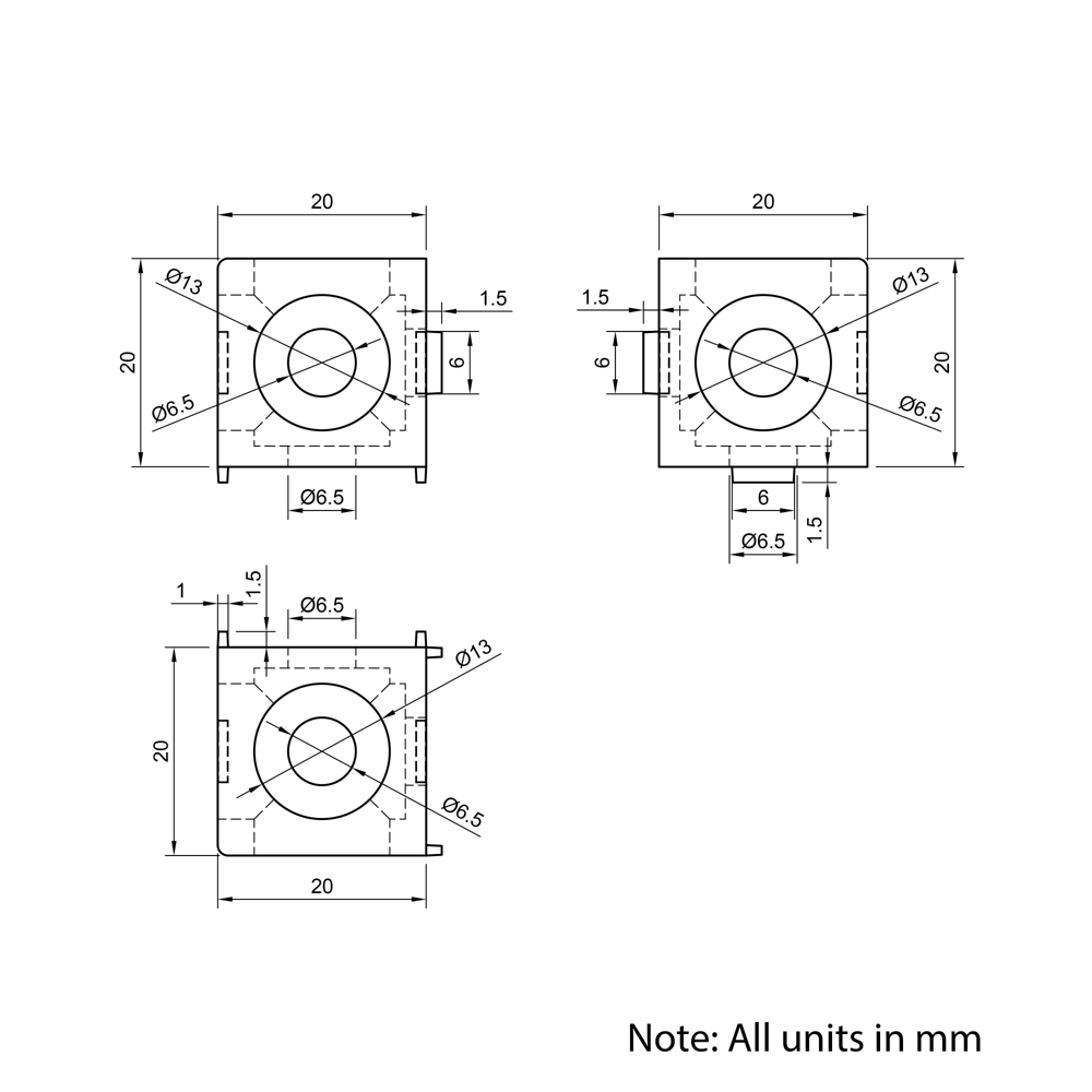 Technical Drawing Of Cube Corner Bracket - 20 Series - 3 Way