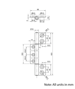 Technical Drawing Of Long Hinge - 30 to 45 Series