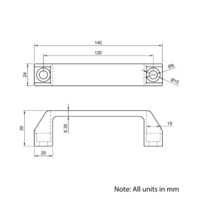 Technical Drawing Of Aluminium Handle - 30 Series