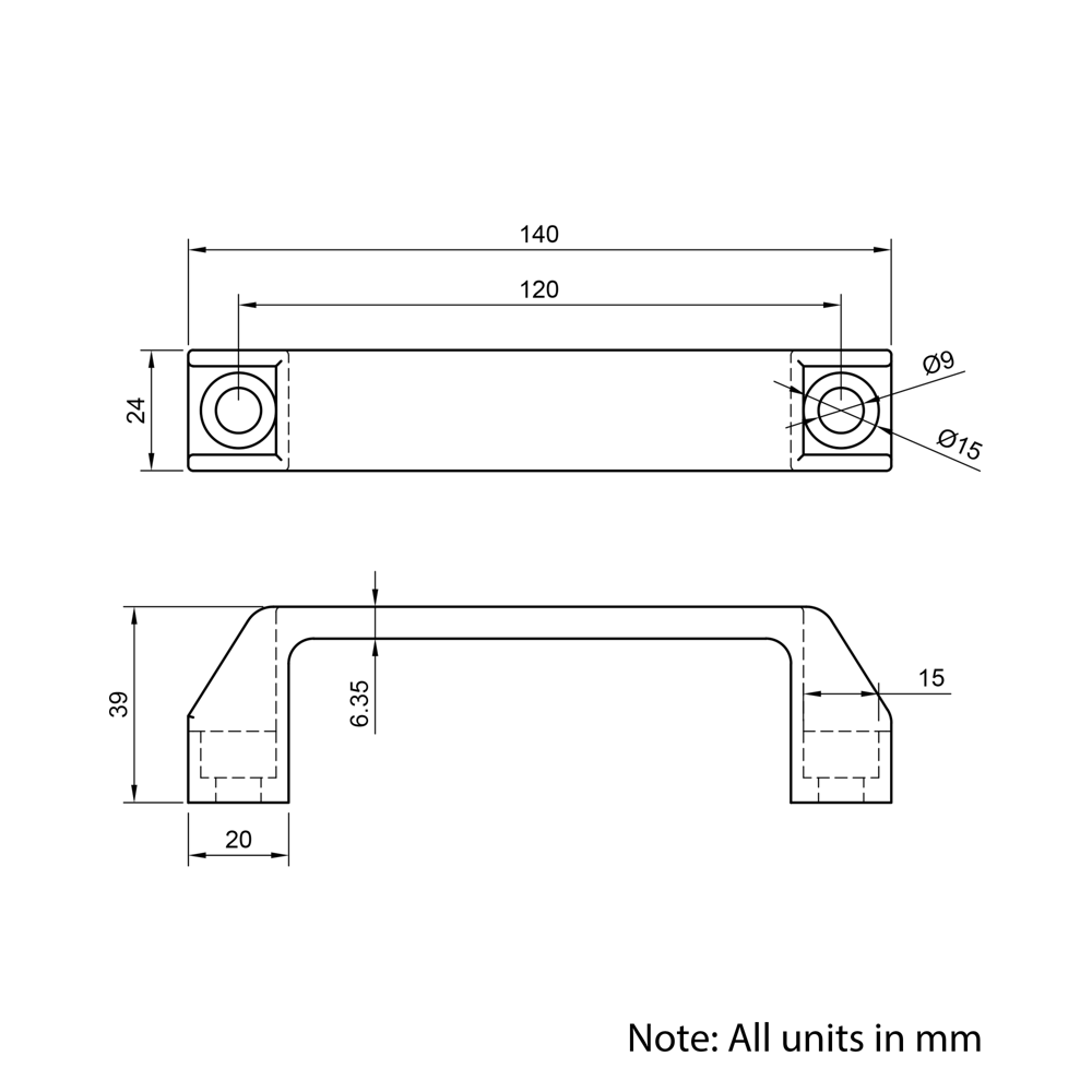 Technical Drawing Of Aluminium Handle - 30 Series