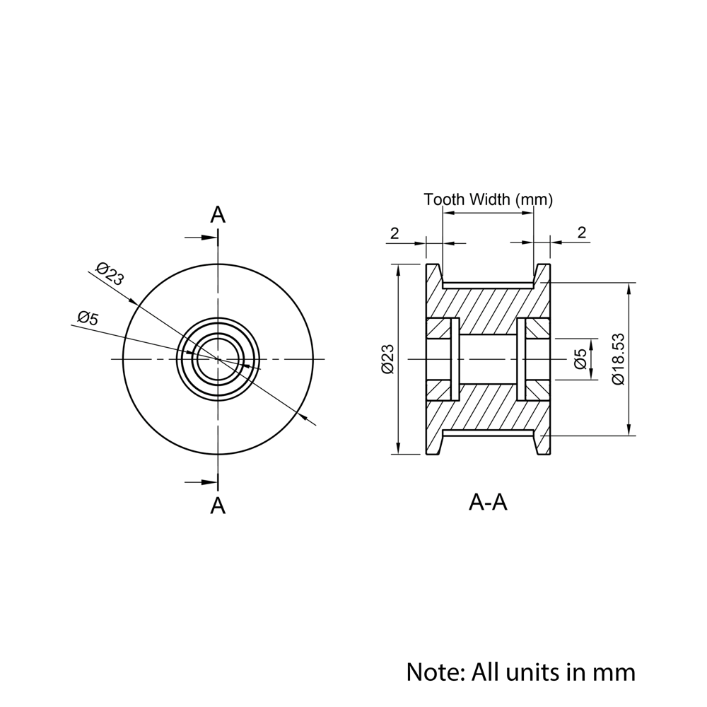 Technical Drawing Of Timing Belt Toothed Idler - GT - 2MR - 30 Teeth - 10mm Belt - 5mm Bore