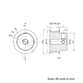 Technical Drawing Of Timing Belt Pulley - GT - 3MR - 30 Teeth - 10mm Belt - 1/4 Bore