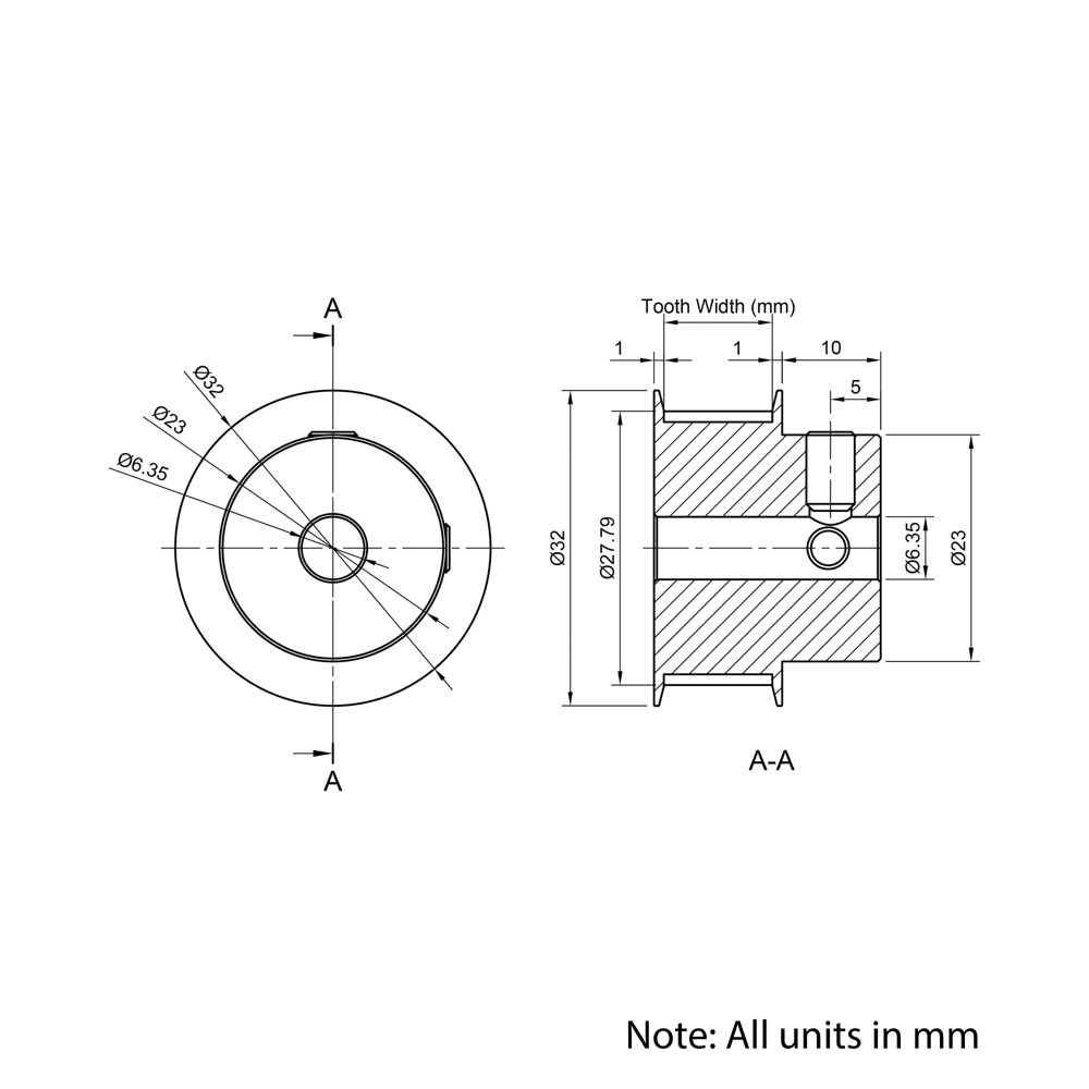 Technical Drawing Of Timing Belt Pulley - GT - 3MR - 30 Teeth - 10mm Belt - 1/4 Bore