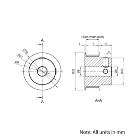 Technical Drawing Of Timing Belt Pulley - GT - 3MR - 30 Teeth - 10mm Belt - 8mm Bore