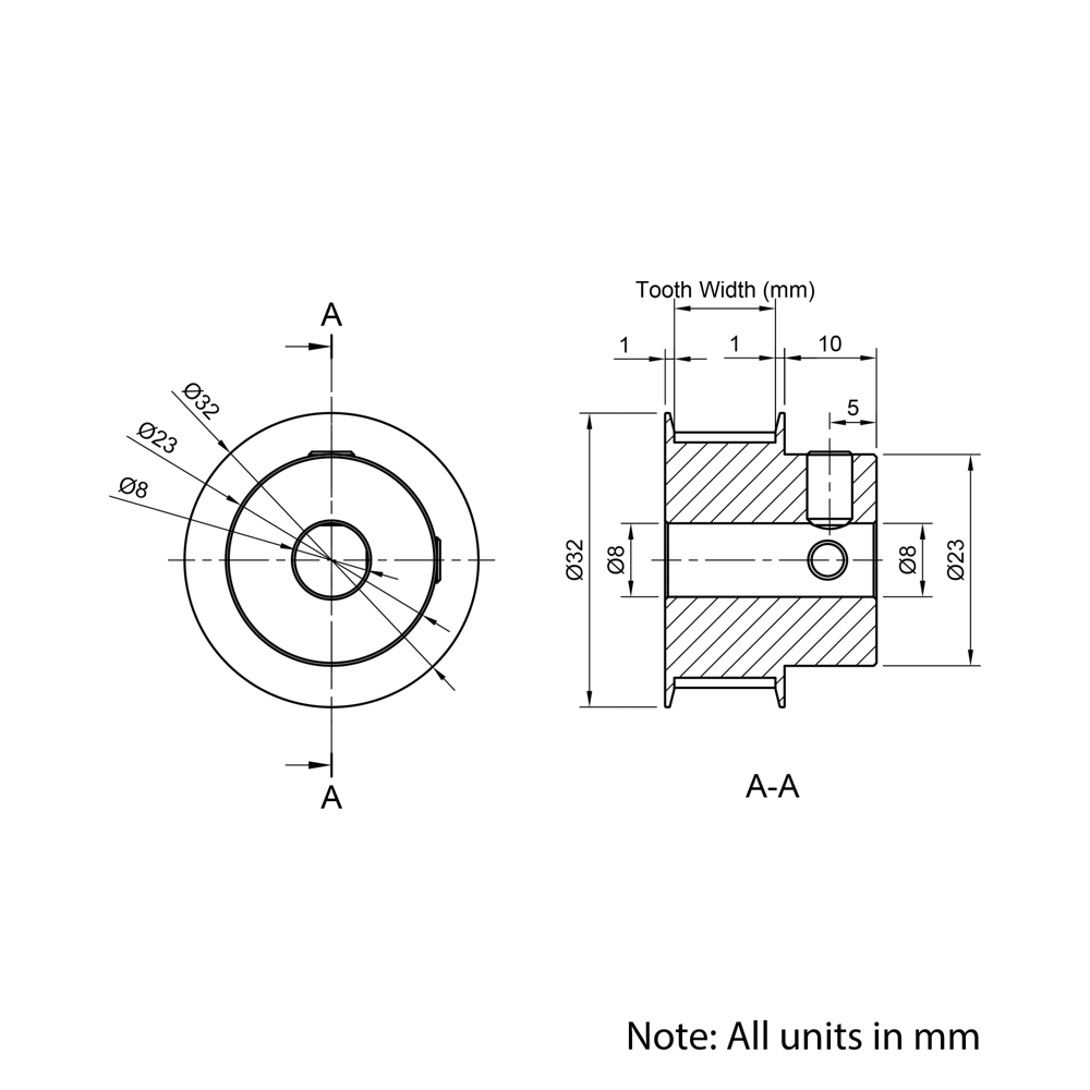 Technical Drawing Of Timing Belt Pulley - GT - 3MR - 30 Teeth - 10mm Belt - 8mm Bore