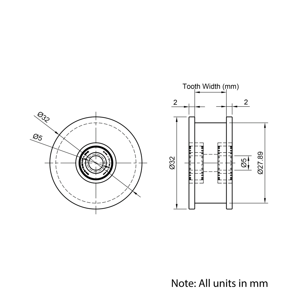 Technical Drawing Of Timing Belt Smooth Idler - GT - 3MR - 30 Teeth - 10mm Belt - 5mm Bore