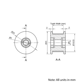 Technical Drawing Of Timing Belt Toothed Idler - GT - 2MR - 30 Teeth - 15mm Belt - 5mm Bore