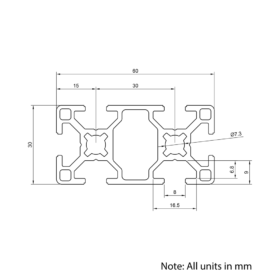 Technical Drawing Of Aluminium Extrusion Profile - T-Slot - 30x60mm - Silver - Cut to Size