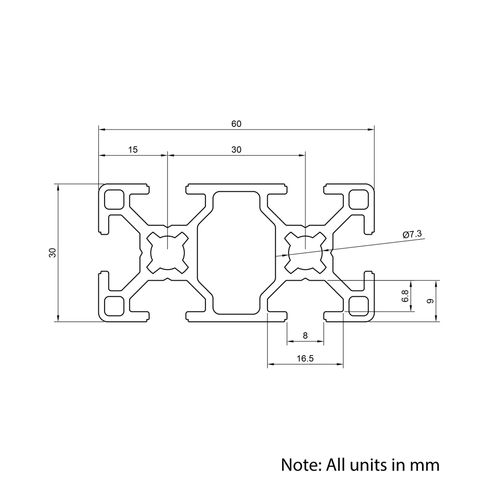 Technical Drawing Of Aluminium Extrusion Profile - T-Slot - 30x60mm - Silver - Cut to Size